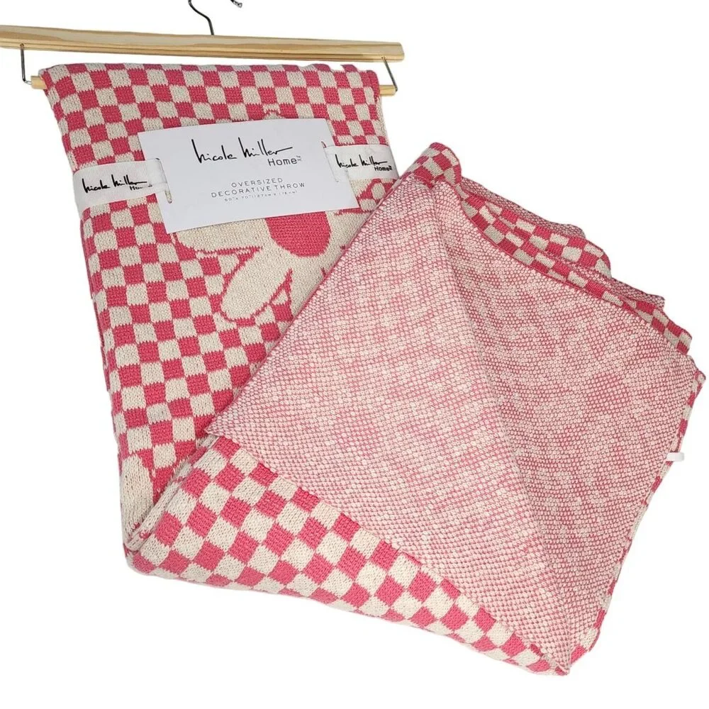 Nicole Miller Cotton‎ Throw Blanket Decorative Oversize Floral And Check 50x70in